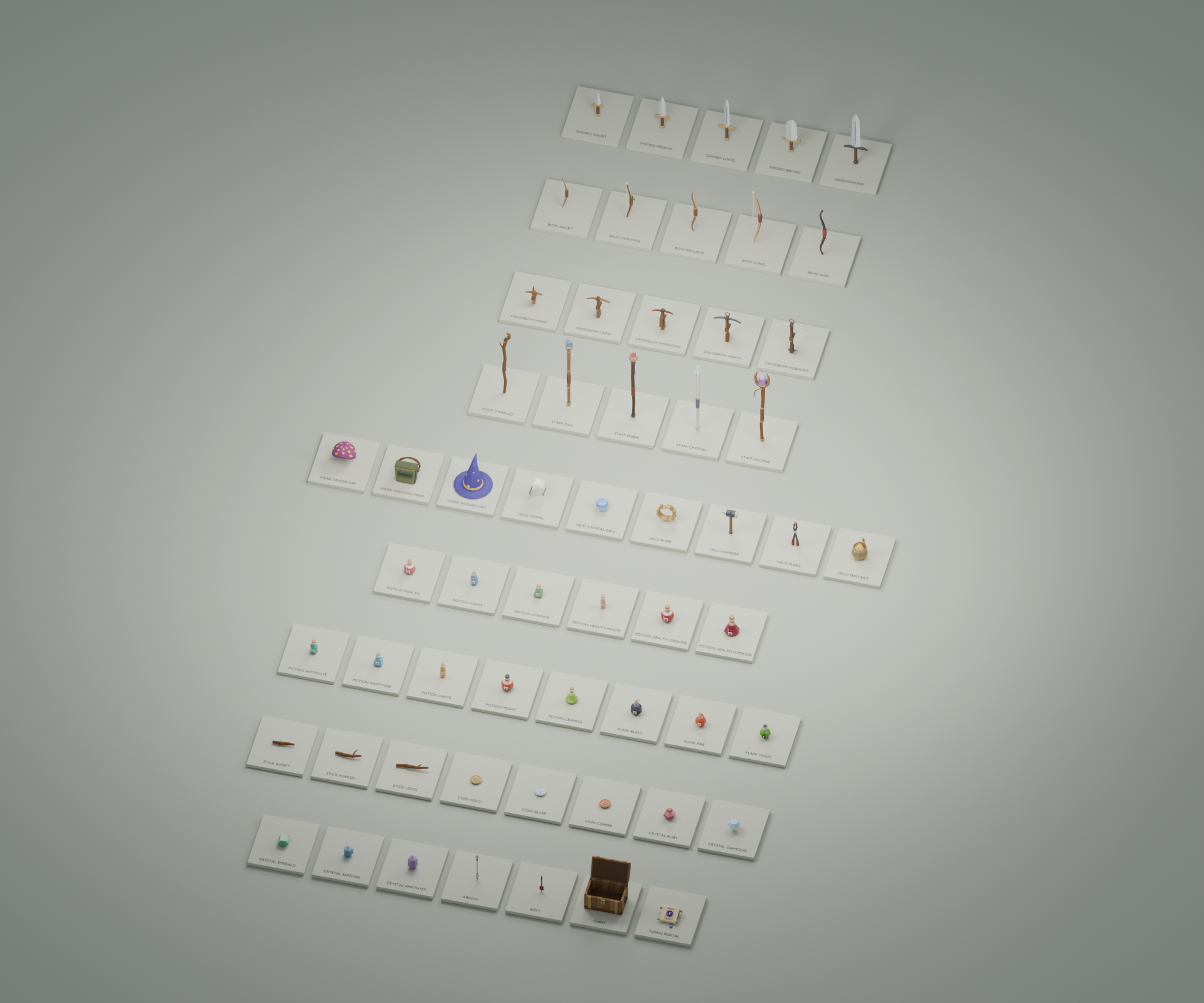 A sheet of item models: swords, potions, coins, crystals