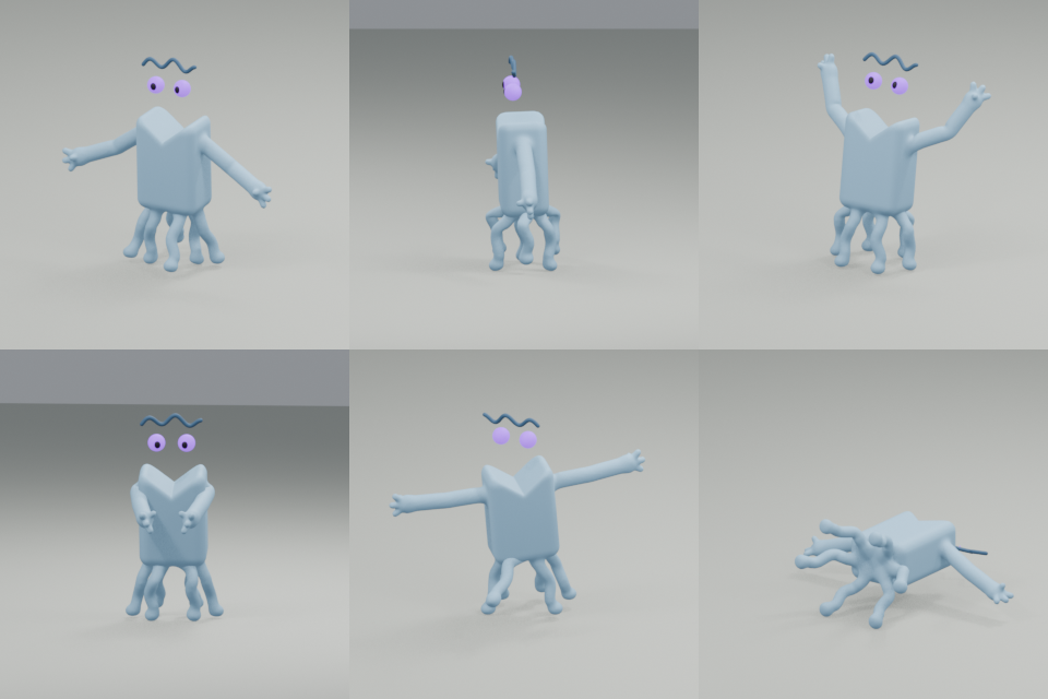A pale blue creature with six legs and two arms