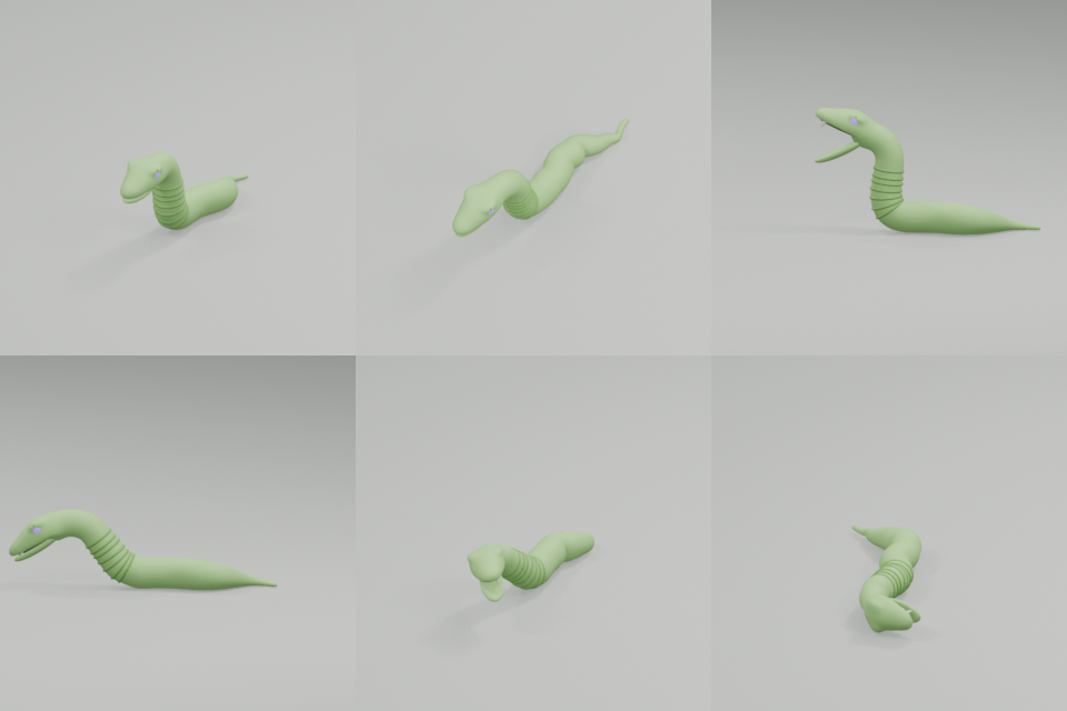A green snake in six poses