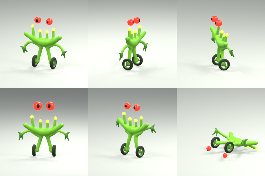 A toxic green creature on two wheels with red eyes floating above it