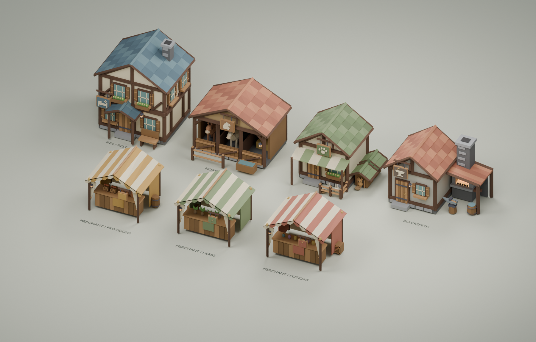 The town's buildings: an inn, a stable, a pet shop, a blacksmith and three market tents