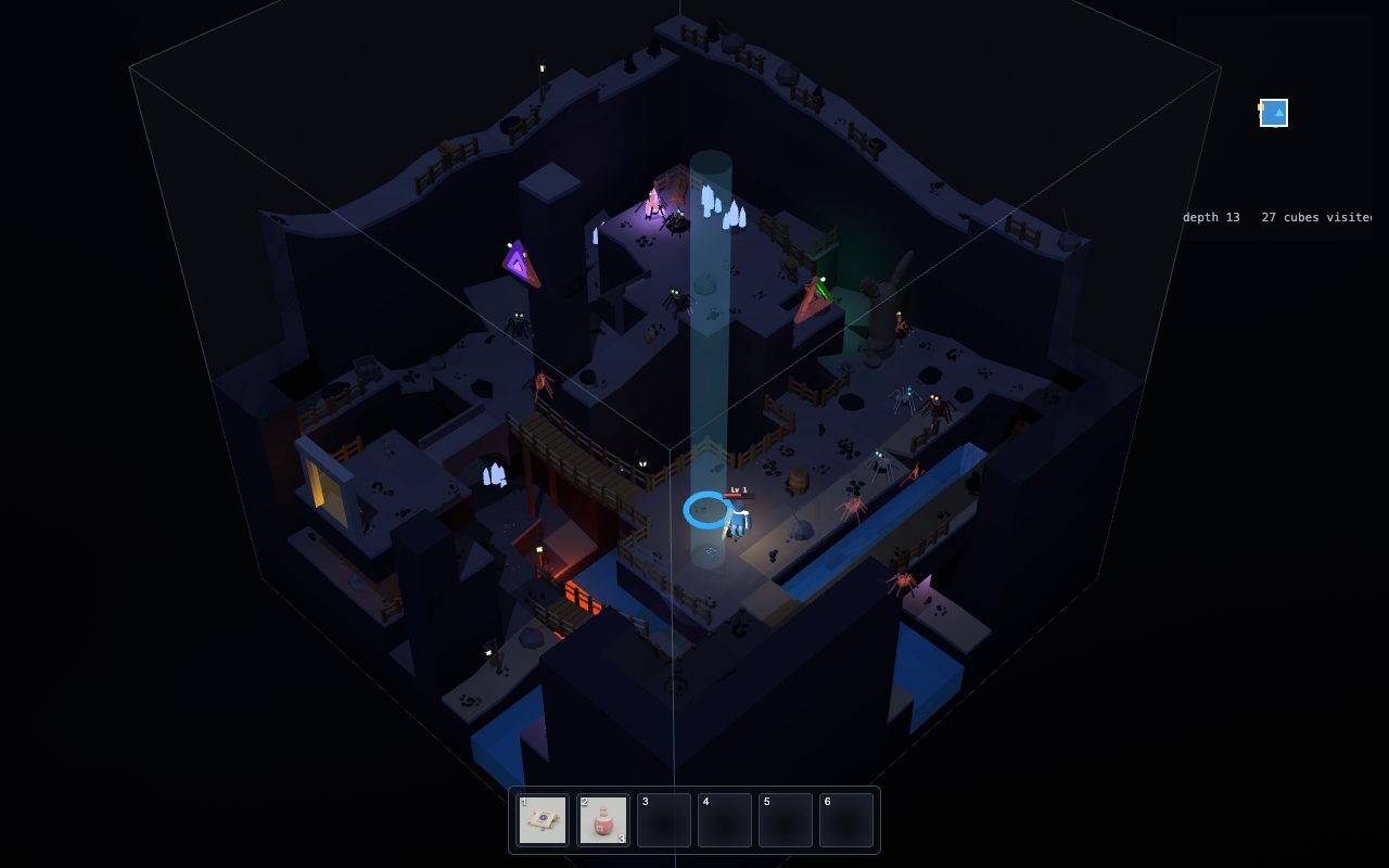A dark crystal mine full of spiders and glowing triangles