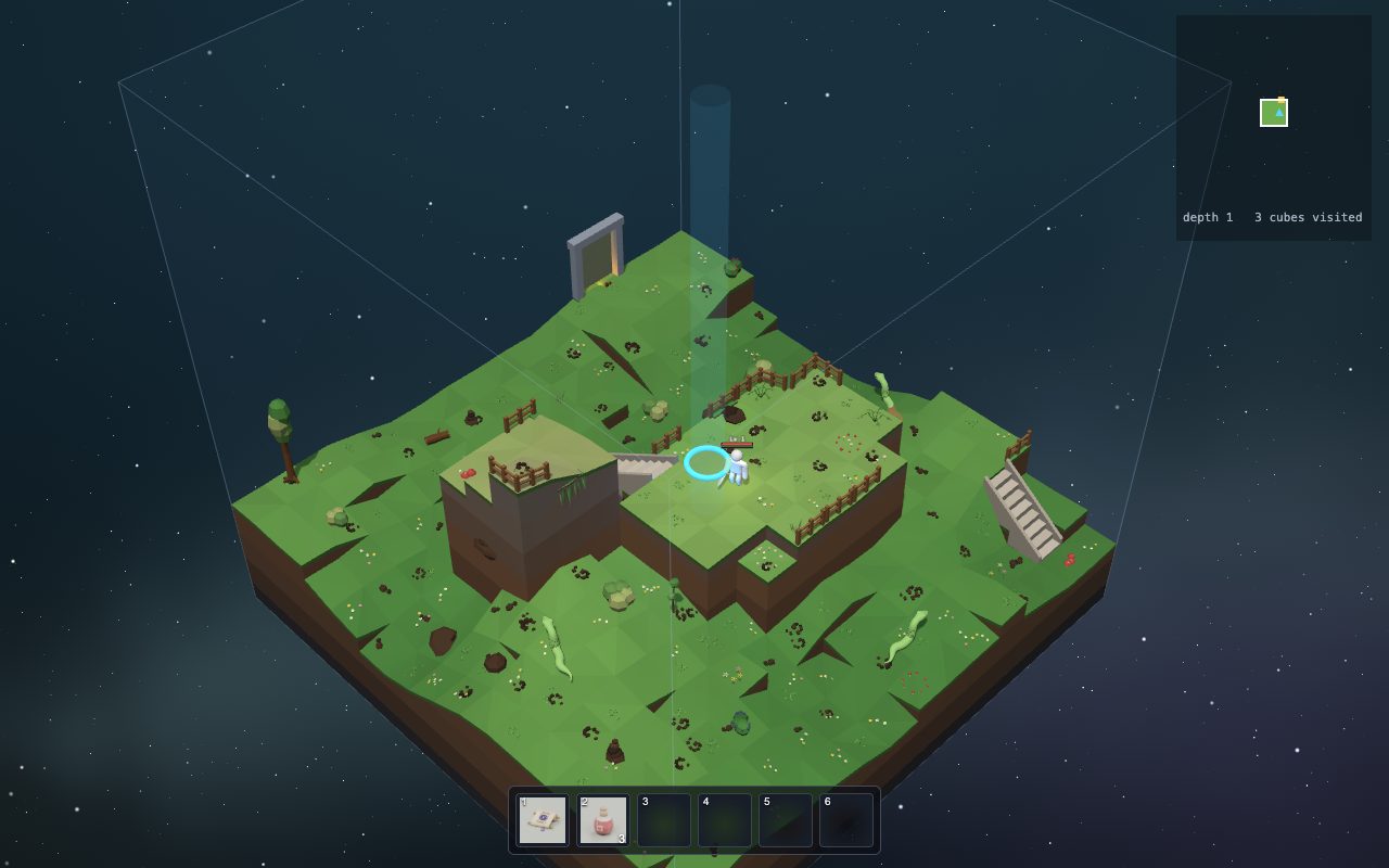 A grassy cube floating in the sky with snakes, fences, stairs and a glowing portal