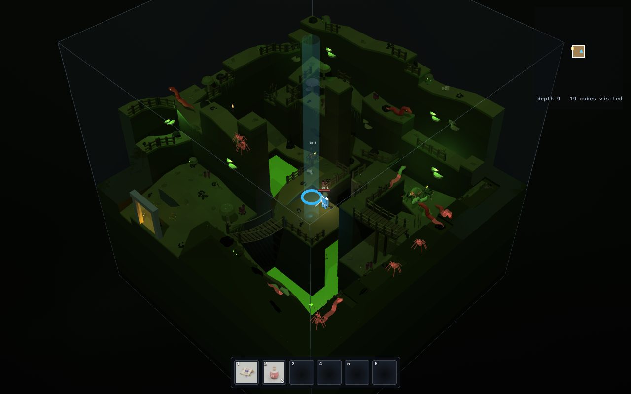 A dark green cave cube with acid rivers