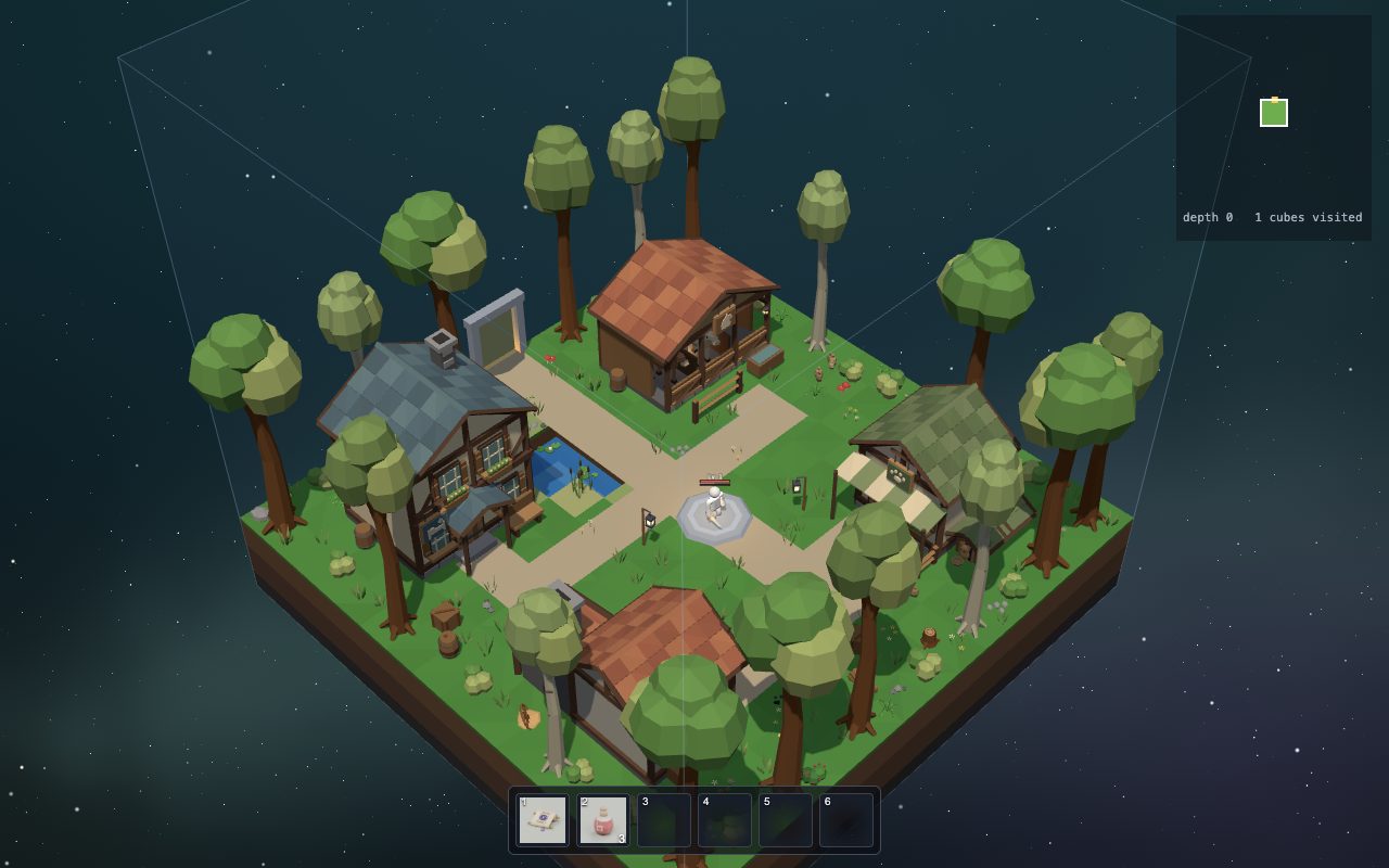 The town at the top of the world: a floating cube with houses, trees and a pond
