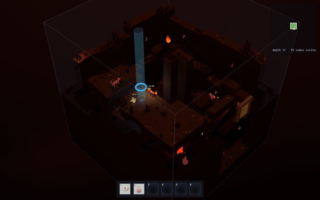 A dark red volcanic cube with fire cats